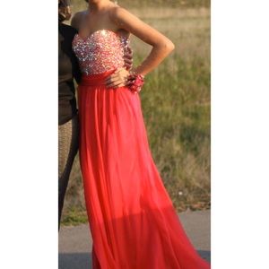 La Femme Coral Strapless Prom Dress with Beading